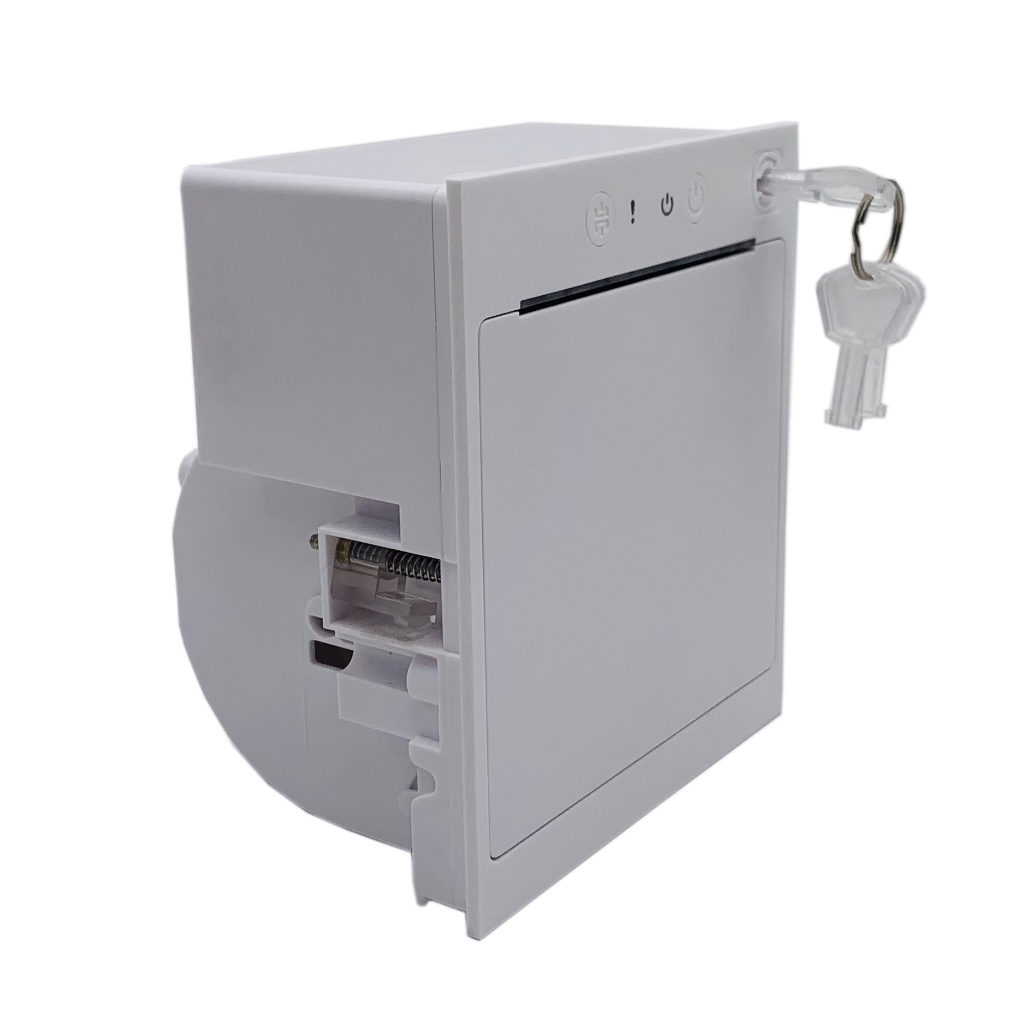 White thermal printer module with a front-facing design, equipped with a lock and key for secure operation, suitable for embedded and industrial printing applications.