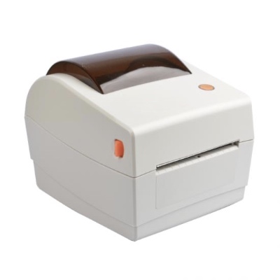 Compact desktop thermal printer with a white casing and translucent brown cover, designed for high-efficiency label and receipt printing applications.