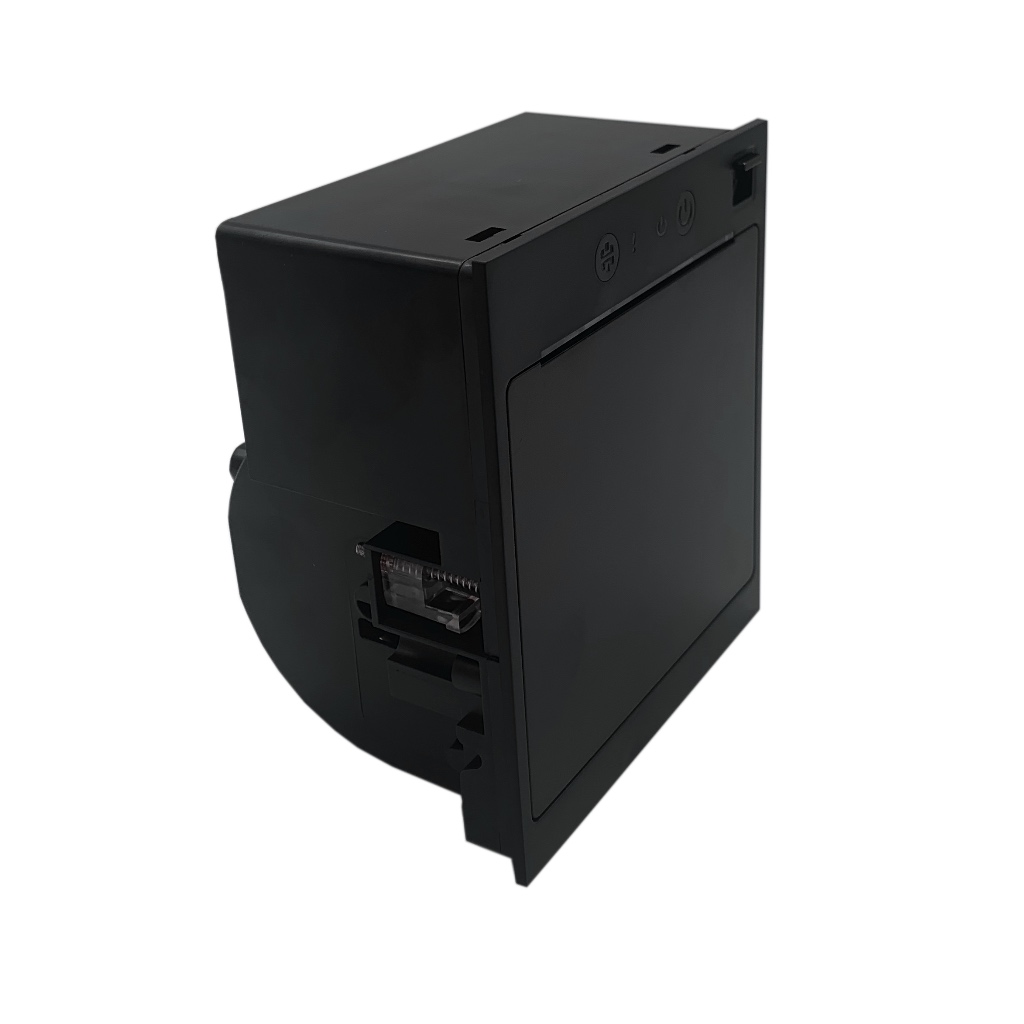 Black thermal printer module with a compact, front-facing design, ideal for secure and efficient embedded printing in industrial applications.