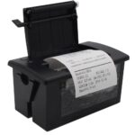 Black thermal receipt printer module with an open lid, displaying a printed receipt, designed for compact and reliable printing applications.