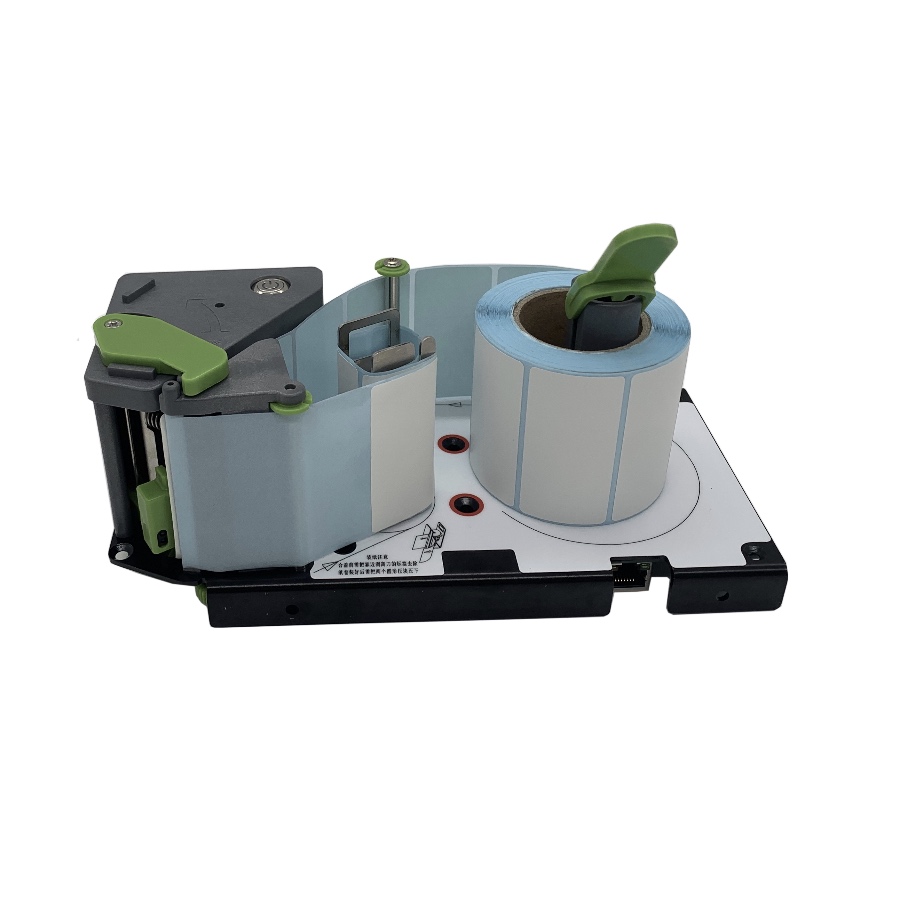 Thermal printer label peeling module with green and gray design, equipped with a label paper roll, suitable for various embedded printing applications.