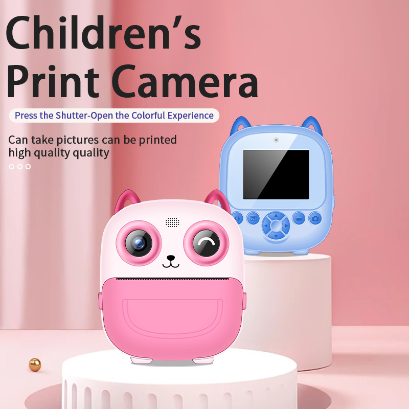 Children's Print Camera in pink and blue, designed for kids to take and print high-quality pictures. The pink camera features a cute cat design, while the blue camera has an adorable cat-inspired look with a small screen and buttons.