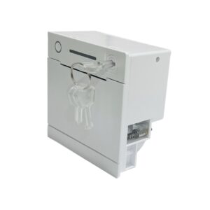 A white thermal printer with a built-in lock mechanism and two transparent keys attached, providing secure access to the printer’s internal components
