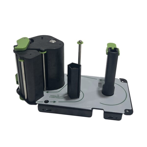 A black and green plastic assembly for a thermal label printer, featuring rollers and rods designed to hold and feed label rolls